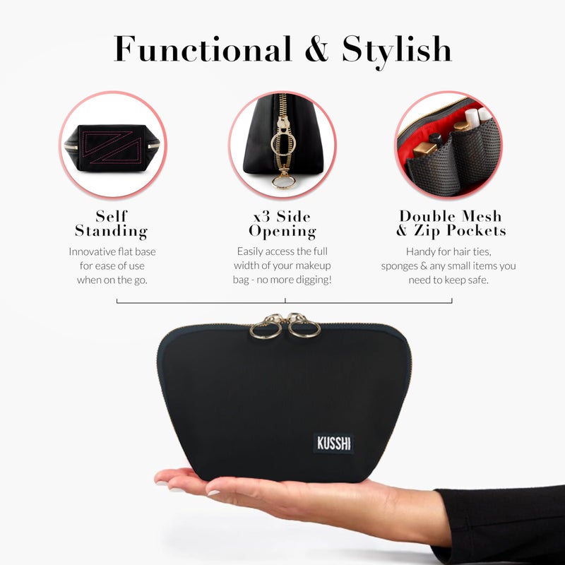 KUSSHI Washable Travel Makeup Bag for Purse (Everyday, Satin Black/Red) - Image 3